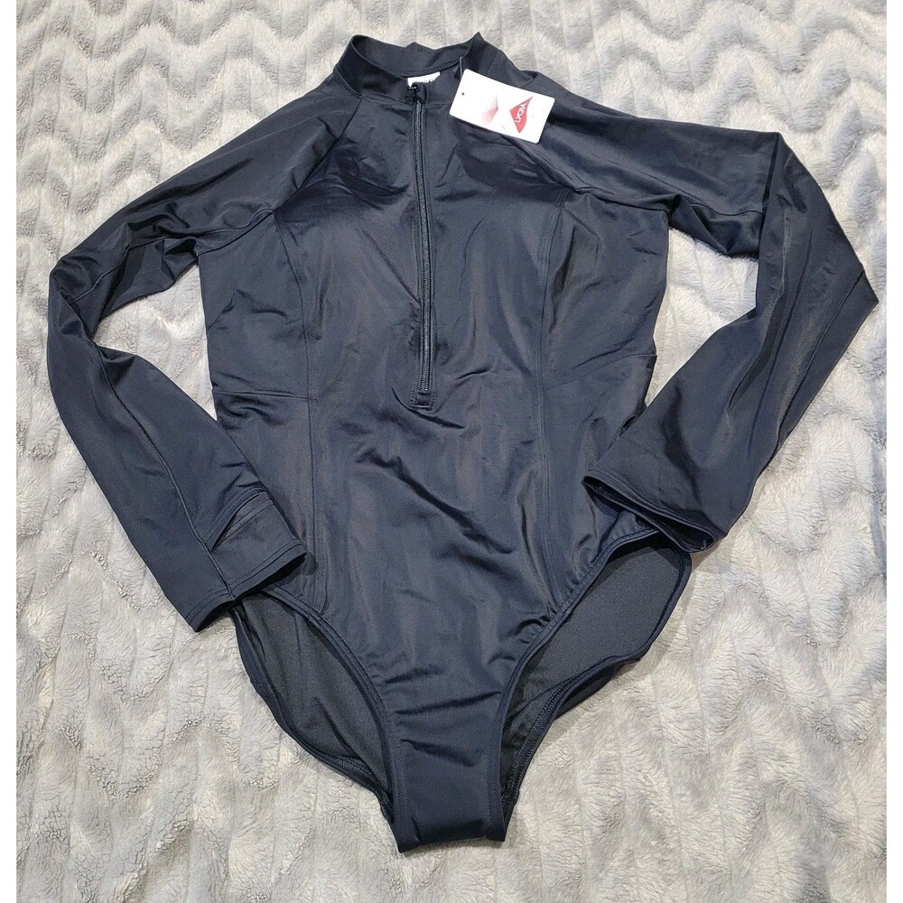 Lands End 12 DDD Long Sleeve One Piece Solid Black Modest One Piece Swimsuit NWT
